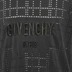 مملوكة مسبقًا Givenchy Black Logo Embroidery Perforated Cotton Crew Neck T-Shirt L