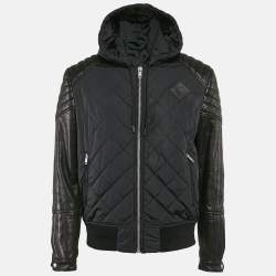 Givenchy Black Nylon and Leather Zip Up Hooded Jacket XL