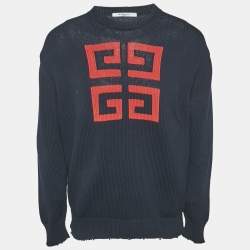 Givenchy Navy Blue Logo Intarsia Rib Knit Crew Neck Sweatshirt M