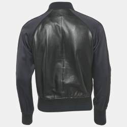 Pre Owned Givenchy Black/Blue Leather and Satin Stadium Bomber Jacket S