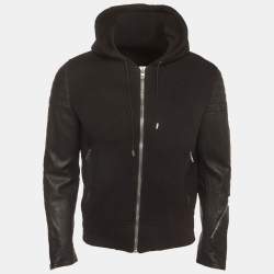 Pre Owned Givenchy Black Neoprene and Leather Hooded Bomber Jacket M