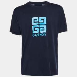 Pre Owned Givenchy Navy Blue 4G Logo Print Cotton Knit Crewneck T-Shirt M