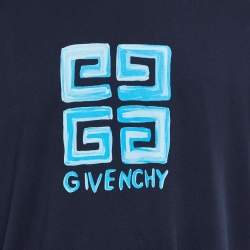 Pre Owned Givenchy Navy Blue 4G Logo Print Cotton Knit Crewneck T-Shirt M