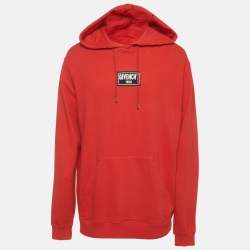 Pre Owned Givenchy Red Logo Patch Distressed Cotton Knit Hoodie XXL
