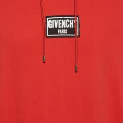 Pre Owned Givenchy Red Logo Patch Distressed Cotton Knit Hoodie XXL