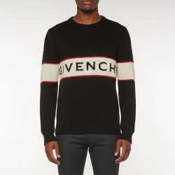 مملوكة مسبقًا Givenchy Black Striped Logo Intarsia Wool Knit Sweater M