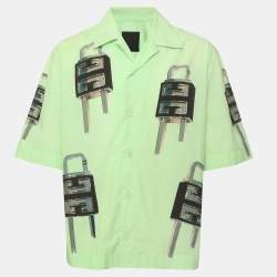 Pre Owned Givenchy Green 4G Lock Graphic Poplin Hawaiian Short Sleeve Boxy Fit Shirt M