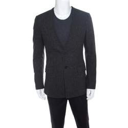 Givenchy Grey Wool Herringbone Pattern Collarless Tailored Jacket L