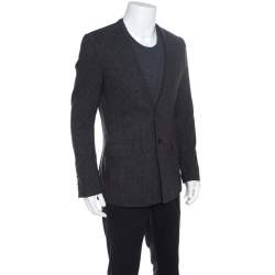 Givenchy Grey Wool Herringbone Pattern Collarless Tailored Jacket L