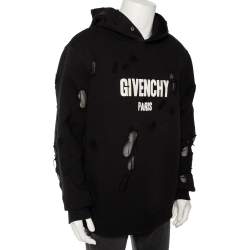 Pre Owned Givenchy Black Distressed Cotton & Mesh Inset Logo Printed Hooded Sweatshirt XXL