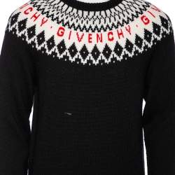 Givenchy Black Fair Isle Logo Knit Wool Frayed Edged Sweater M
