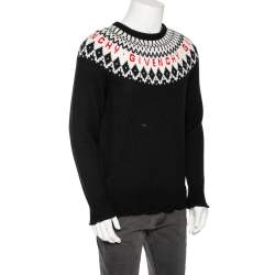 Givenchy Black Fair Isle Logo Knit Wool Frayed Edged Sweater M