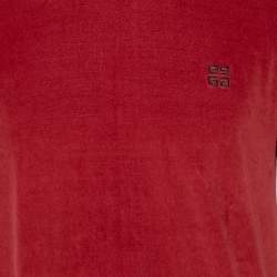 Pre Owned Givenchy Red Velour Logo Embroidered Crewneck T-Shirt L