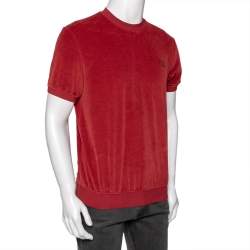 Pre Owned Givenchy Red Velour Logo Embroidered Crewneck T-Shirt L