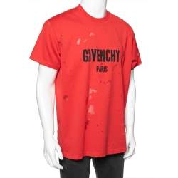 مملوكة مسبقًا Givenchy Red Distressed Cotton & Mesh Inset Short Sleeve T-Shirt S