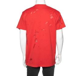 مملوكة مسبقًا Givenchy Red Distressed Cotton & Mesh Inset Short Sleeve T-Shirt S