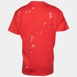 Pre Owned Givenchy Red Distressed Cotton & Mesh Inset Logo Printed T-Shirt M
