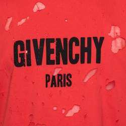 Pre Owned Givenchy Red Distressed Cotton & Mesh Inset Logo Printed T-Shirt M