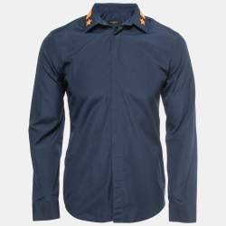 Givenchy Navy Blue Cotton Star-Embroidered Collar Button Front Shirt M