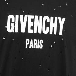 Pre Owned Givenchy Black Distressed Cotton Logo Print Crew Neck Half Sleeve T-shirt M