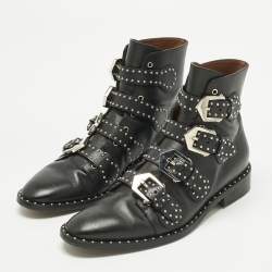 Pre Owned Givenchy Black Leather Studded Buckle Detail Ankle Boots Size 38.5