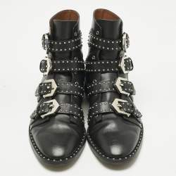 Pre Owned Givenchy Black Leather Studded Buckle Detail Ankle Boots Size 38.5