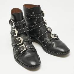 Pre Owned Givenchy Black Leather Studded Buckle Detail Ankle Boots Size 38.5