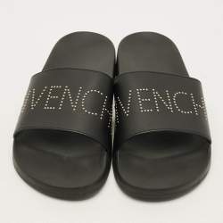 Pre Owned Givenchy Size 45 Black Leather Logo Flat Sandals