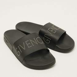 Pre Owned Givenchy Size 45 Black Leather Logo Flat Sandals