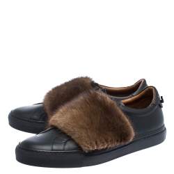 Givenchy Black Leather And Brown Mink Fur Urban Street Slip On Sneakers Size 43