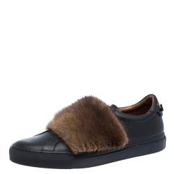 Givenchy Black Leather And Brown Mink Fur Urban Street Slip On Sneakers Size 43