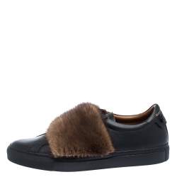 Givenchy Black Leather And Brown Mink Fur Urban Street Slip On Sneakers Size 43