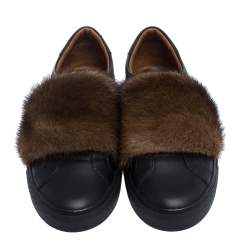 Givenchy Black Leather And Brown Mink Fur Urban Street Slip On Sneakers Size 43