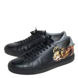 Givenchy Black Leather Lion Print Urban Street Low Top Sneakers Size 42