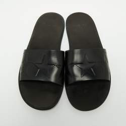 Givenchy Black Leather Star Embossed Flat Slide Sandals Size 41