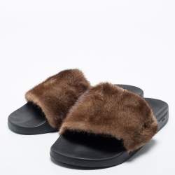 Givenchy Brown Mink Fur Pool Slide Sandals Size 46