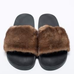 Givenchy Brown Mink Fur Pool Slide Sandals Size 46