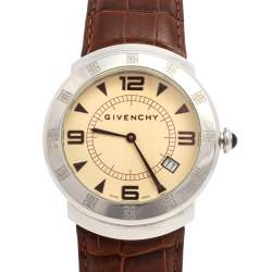 Pre Owned Givenchy Cream Stainless Steel Leather Apsaras 1558962 Men's Wristwatch 39 mm