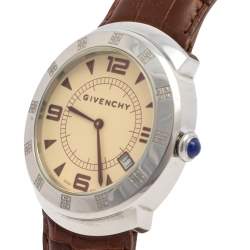 Pre Owned Givenchy Cream Stainless Steel Leather Apsaras 1558962 Men's Wristwatch 39 mm