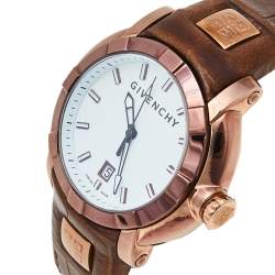 Pre Owned Givenchy White Bronze Tone Stainless Steel Leather GV5202.M Men's Wristwatch 45 mm