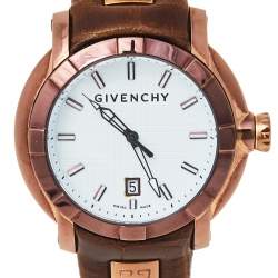 Pre Owned Givenchy White Bronze Tone Stainless Steel Leather GV5202.M Men's Wristwatch 45 mm