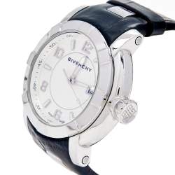 Pre Owned Givenchy White Stainless Steel Leather GV.5254J Men's Wristwatch 48 mm
