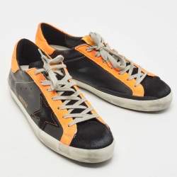 Golden Goose Neon Orange/Black Leather and Suede Superstar Low Top Sneakers Size 43