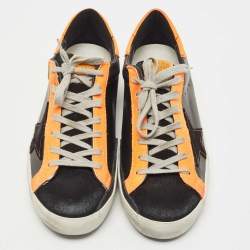 Golden Goose Neon Orange/Black Leather and Suede Superstar Low Top Sneakers Size 43