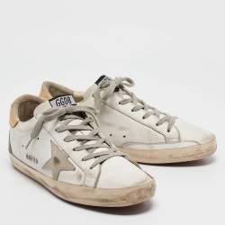 Pre Owned Golden Goose White/Gold Leather and Suede Superstar Low Top Sneakers Size 40