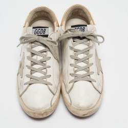 Pre Owned Golden Goose White/Gold Leather and Suede Superstar Low Top Sneakers Size 40