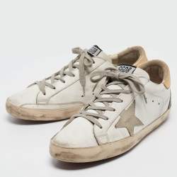 Pre Owned Golden Goose White/Gold Leather and Suede Superstar Low Top Sneakers Size 40