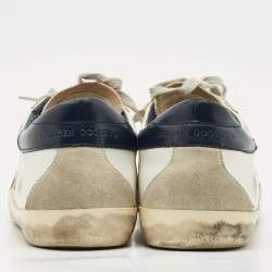 Pre Owned Golden Goose White/Navy Blue Leather Super Star Sneakers Size 42