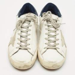 Pre Owned Golden Goose White/Navy Blue Leather Super Star Sneakers Size 42