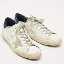 Pre Owned Golden Goose White/Navy Blue Leather Super Star Sneakers Size 42
